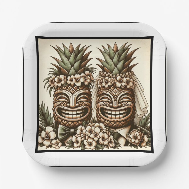 Two Grooms Gay Pineapple Tiki Head Retro Wedding  Paper Plate (Front)