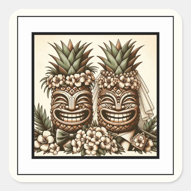 Two Grooms Gay Pineapple Tiki Head Retro Wedding  Square Sticker (Front)