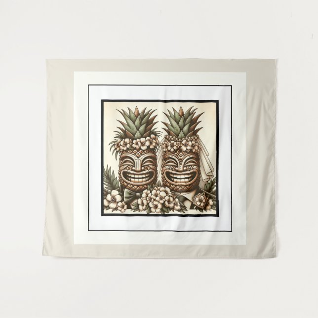 Two Grooms Gay Pineapple Tiki Head Retro Wedding  Tapestry (Front (Horizontal))