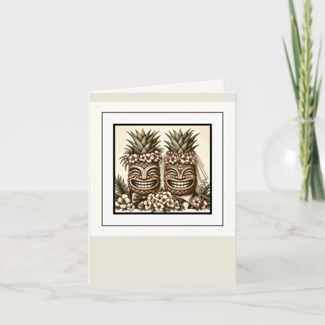 Two Grooms Gay Pineapple Tiki Head Retro Wedding  Thank You Card (Front)