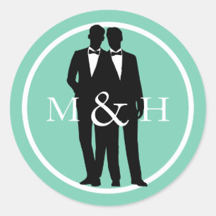 Two Grooms Gay Wedding Custom Colour Monogram Classic Round Sticker