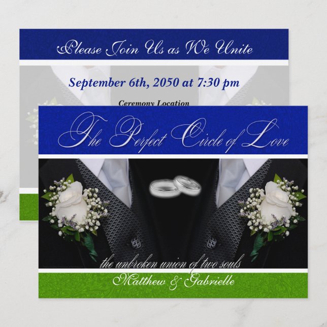 Two Grooms Gay Wedding or Civil Union Blue Green Invitation (Front/Back)