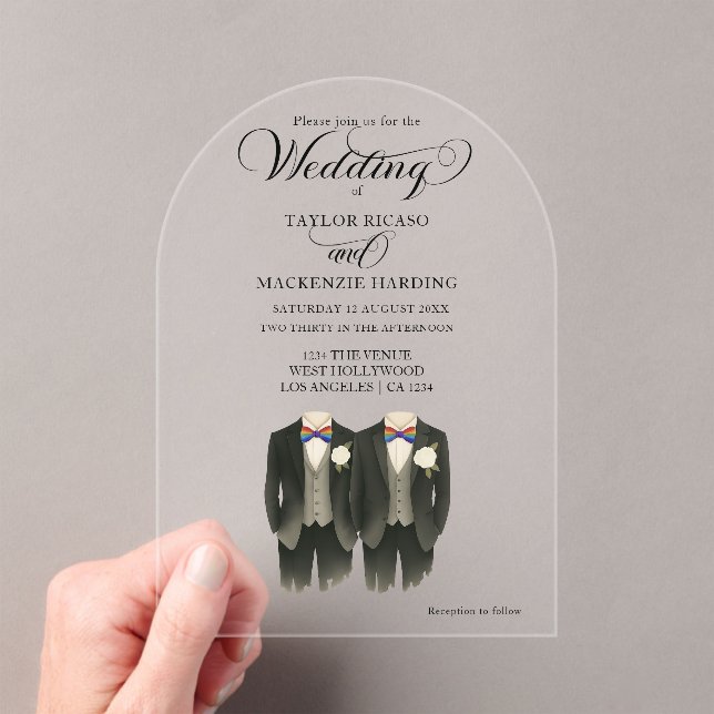 Two grooms in Rainbow Ties Gay Wedding photo  Acrylic Invitations (Insitu (Handheld))