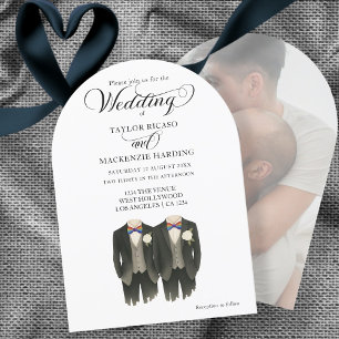 Two grooms in Rainbow Ties Gay Wedding photo  Invitation