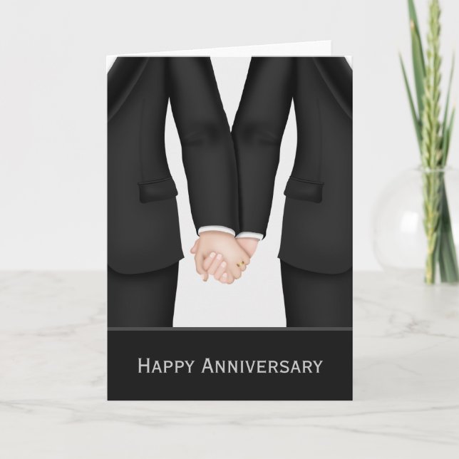 Two Grooms In Suits Wedding Anniversary Card (Front)