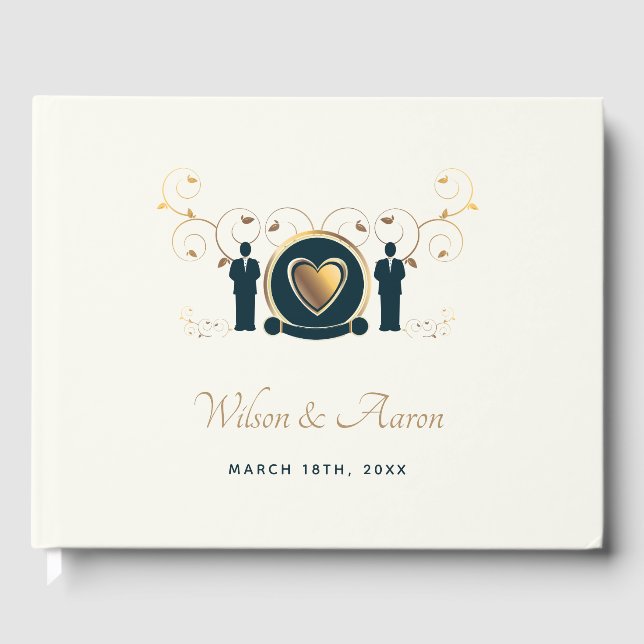 Two Grooms Male Wedding Cream Blue LGBTQ Guest Book (Front)