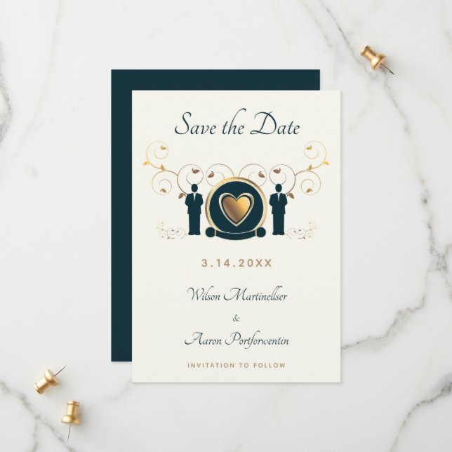Two Grooms Male Wedding Cream Blue LGBTQ Save The Date (Front/Back In Situ)