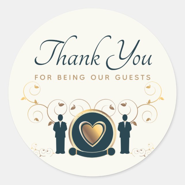 Two Grooms Male Wedding LGBTQ Cream Blue Thank You Classic Round Sticker (Front)
