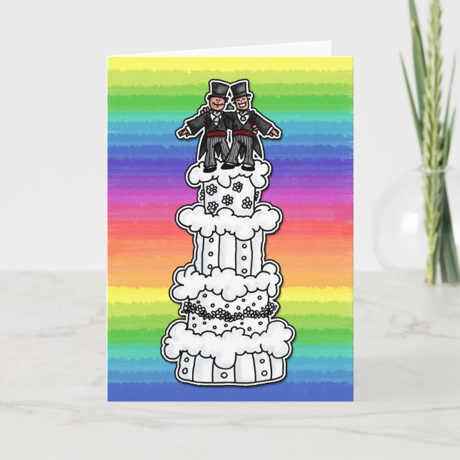Two Grooms on Rainbow Wedding Cake Card (Front)