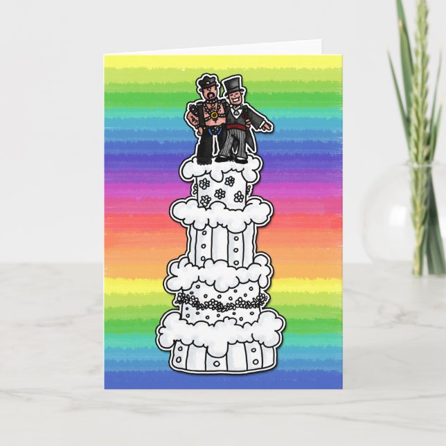 Two Grooms on Rainbow Wedding Cake (Leather Daddy) Card (Front)