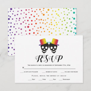 Two grooms rainbow colours confetti gay wedding RSVP card