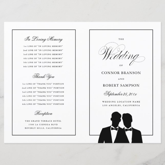 Two Grooms Silhouettes Bow Tie Gay Wedding Program (Front)