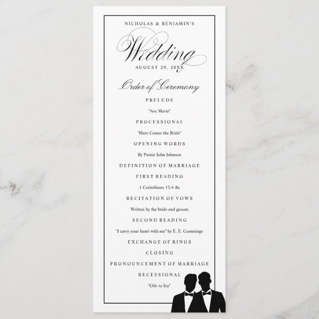 Two Grooms Silhouettes Bow Tie Gay Wedding Program Programme (Front)