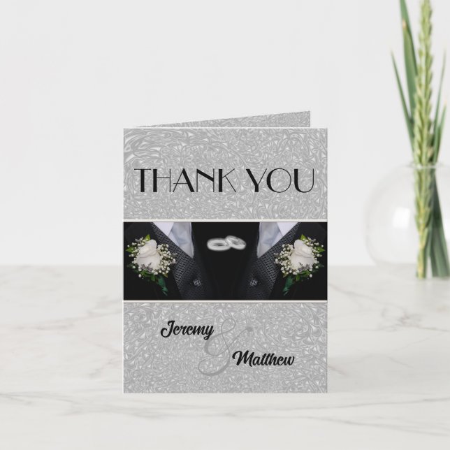 Two Grooms Wedding Tuxes Thank You Card (Front)