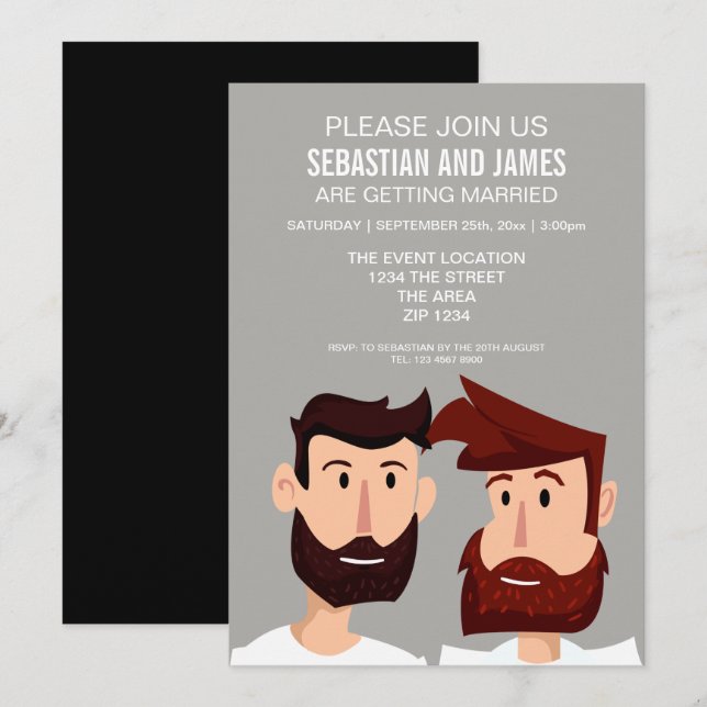 Two Grooms With Beards Cartoon Gay Wedding Themed Invitation (Front/Back)