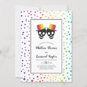 Two grooms with hats rainbow colours gay wedding invitation