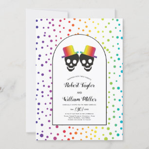 Two grooms with hats rainbow confetti gay wedding invitation