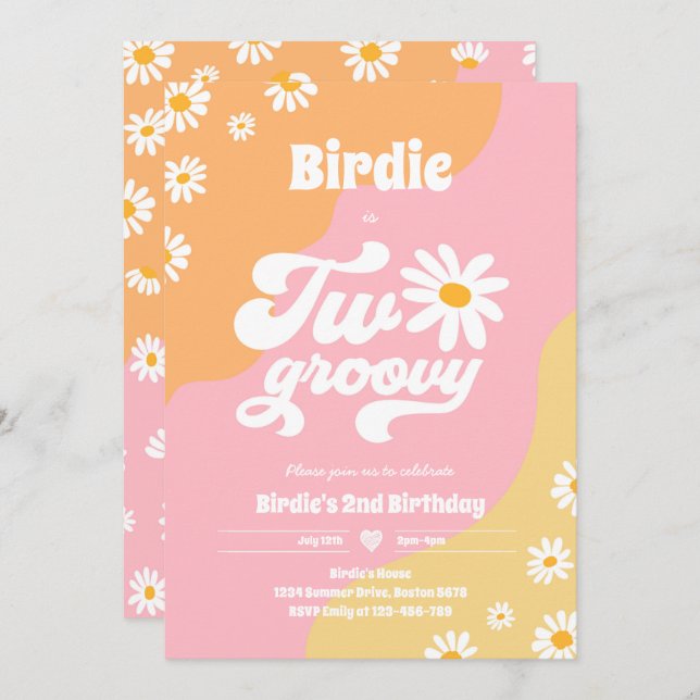 Two Groovy 2nd Birthday Party Boho Retro Daisy Inv Invitation (Front/Back)