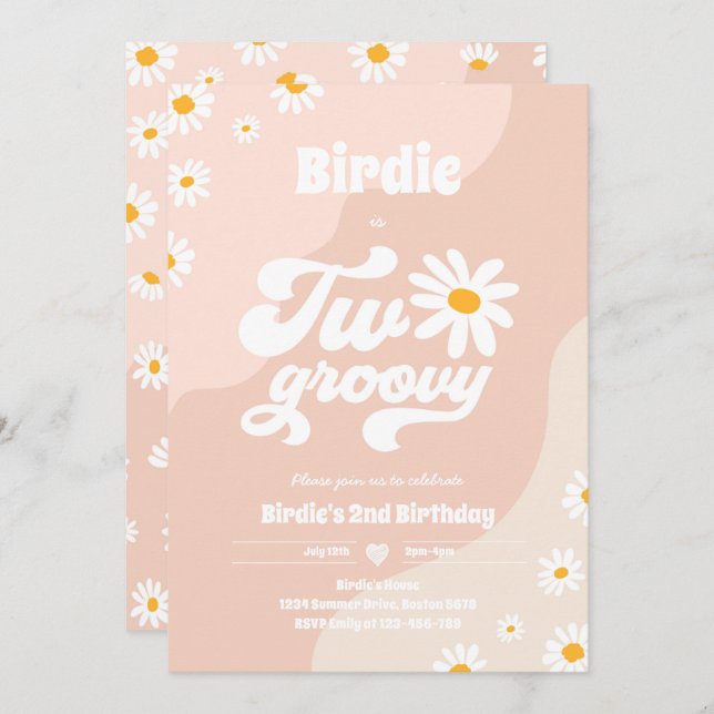 Two Groovy 2nd Birthday Party Boho Retro Daisy Invitation (Front/Back)