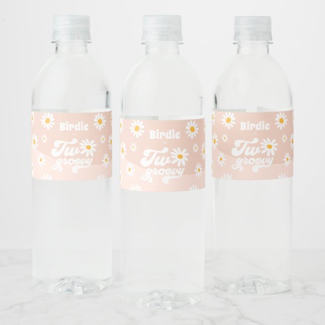 Two Groovy 2nd Birthday Party Retro Daisy Party Water Bottle Label (Bottles)