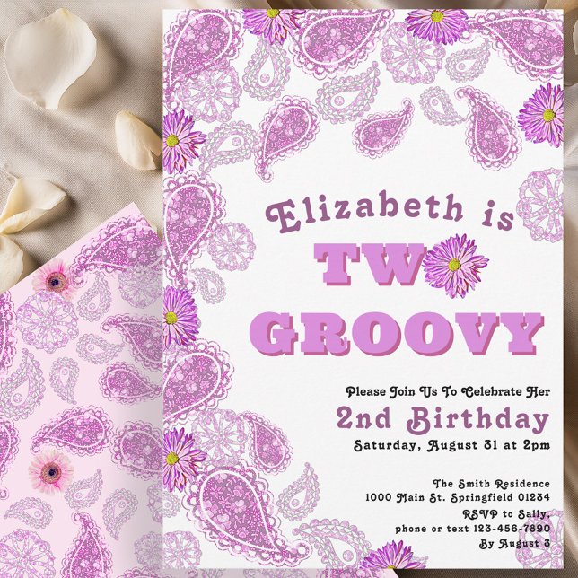 Two Groovy 2nd Birthday Pink Paisley and Flowers Invitation (Creator Uploaded)