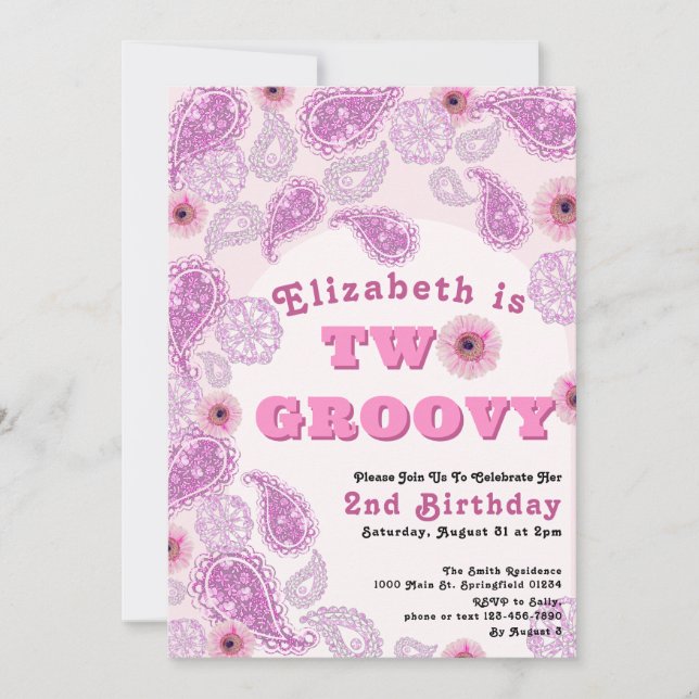 Two Groovy 2nd Birthday Pink Paisley and Flowers Invitation (Front)