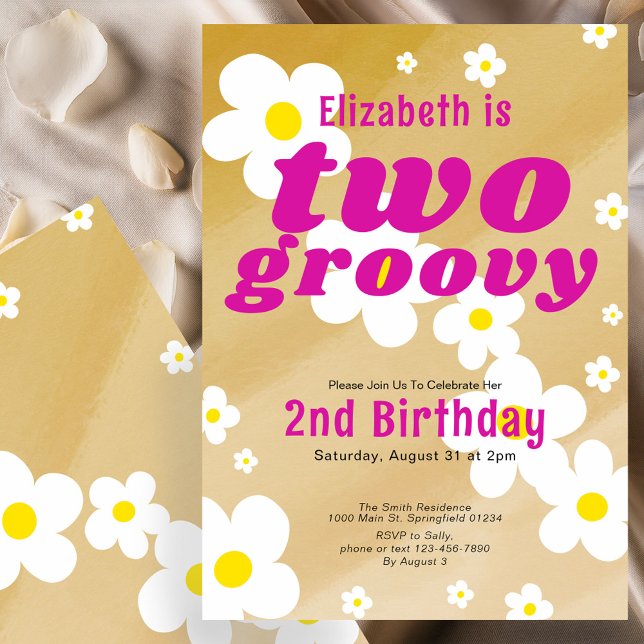 Two Groovy 2nd Birthday Tan Flower Power Hippie Invitation (Creator Uploaded)