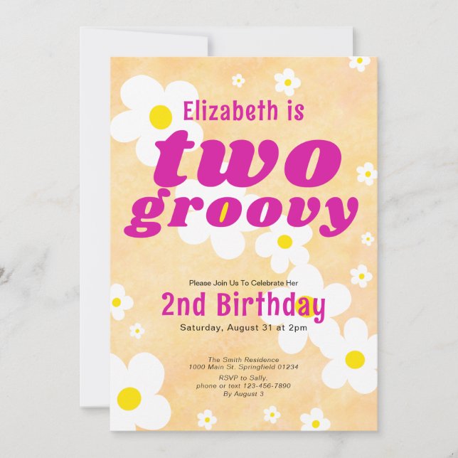 Two Groovy 2nd Birthday Yellow Flower Power Hippie Invitation (Front)