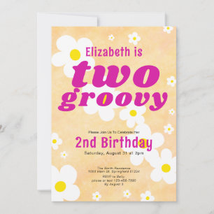 Two Groovy 2nd Birthday Yellow Flower Power Hippie Invitation