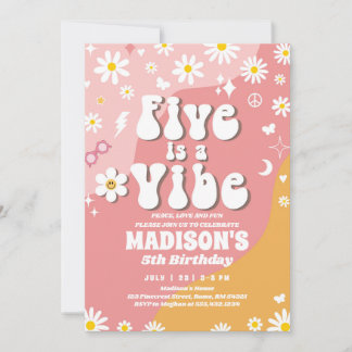 Two Groovy 5th Birthday Rainbow Peace Love Party  Invitation