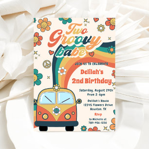 Two Groovy Babe Retro Floral 2nd Birthday Party  Invitation