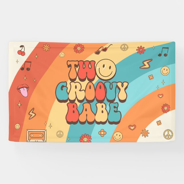 Two Groovy Babe Retro Rainbow 2nd Birthday Party Banner (Horizontal)