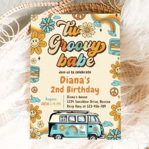 Two Groovy Babe Retro Rainbow 2nd Birthday Party Invitation