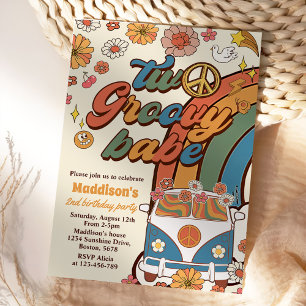 Two Groovy Babe Retro Rainbow 2nd Birthday Party Invitation