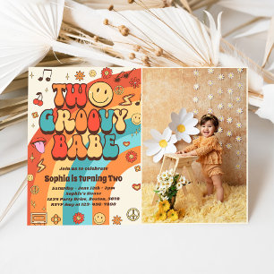 Two Groovy Babe Retro Rainbow 2nd Birthday Photo Invitation