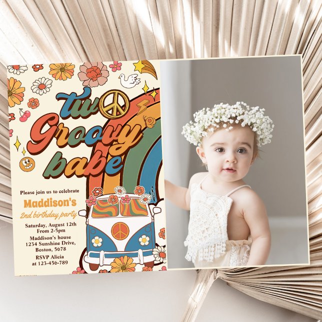 Two Groovy Babe Retro Rainbow 2nd Birthday Photo Invitation (Creator Uploaded)