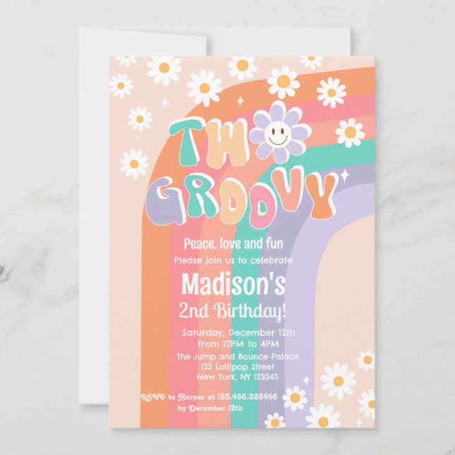 Two Groovy Boho Daisy 2nd Birthday Invitations (Front)