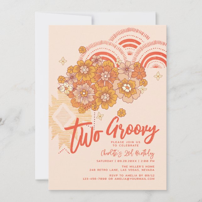 Two Groovy Boho Floral Groovy 2nd Birthday Party Invitation (Front)
