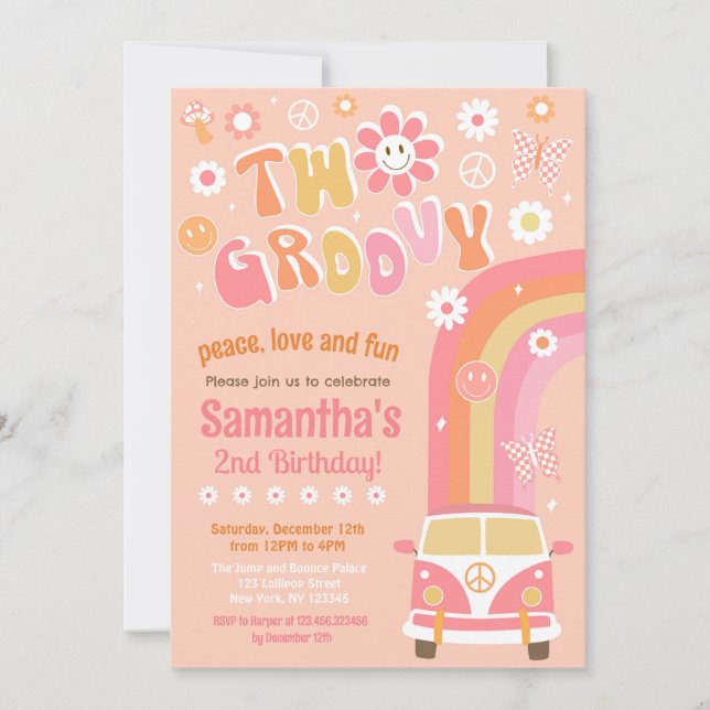 Two Groovy Boho Retro 2nd Birthday Invitations (Front)