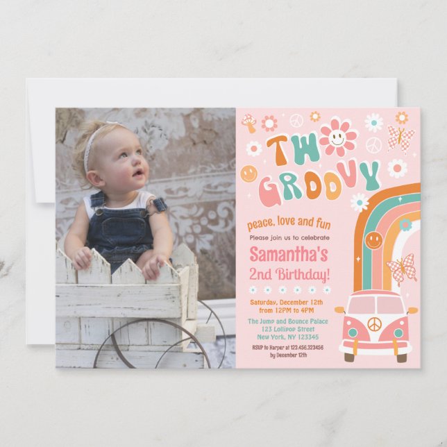 Two Groovy Boho Retro 2nd Birthday Invitations (Front)