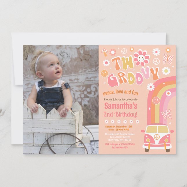 Two Groovy Boho Retro 2nd Birthday Invitations (Front)