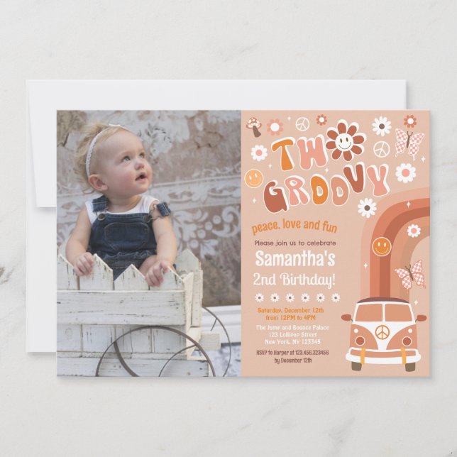 Two Groovy Boho Retro 2nd Birthday Invitations (Front)