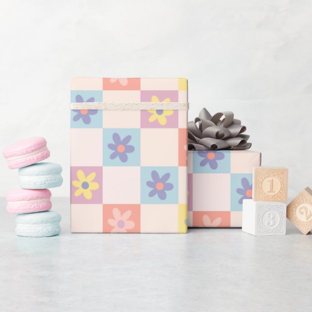 Two Groovy Boho Retro Chequered Pattern Wrapping Paper (Baby Shower)