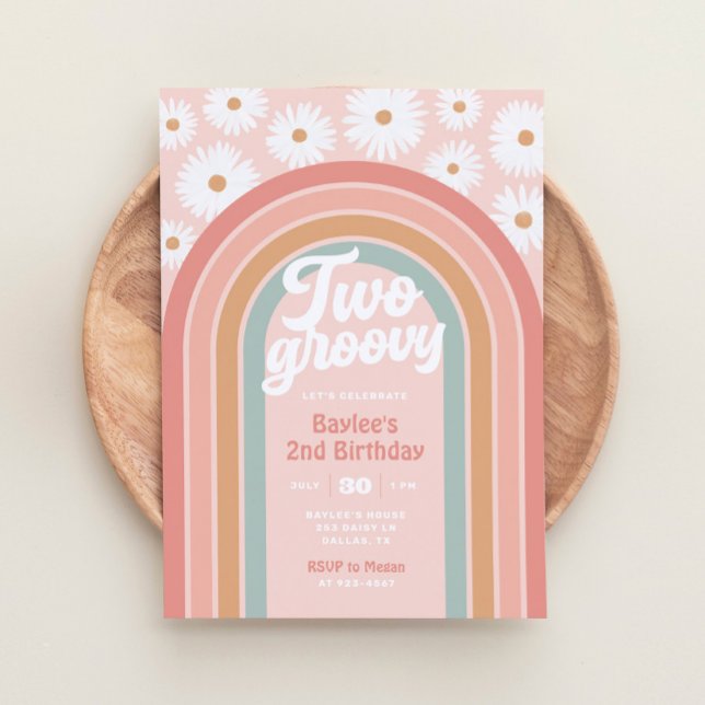 Two Groovy Boho Retro Daisy 2nd Birthday Party Invitation (Creator Uploaded)