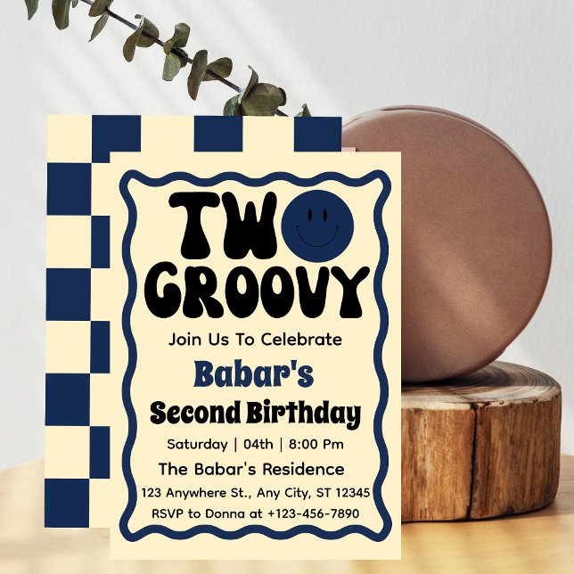 Two Groovy Boy 2nd Birthday Retro Wavy Curve  Invitation (Creator Uploaded)