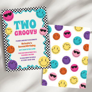 Two Groovy Colourful Retro Smiles Second Birthday  Invitation