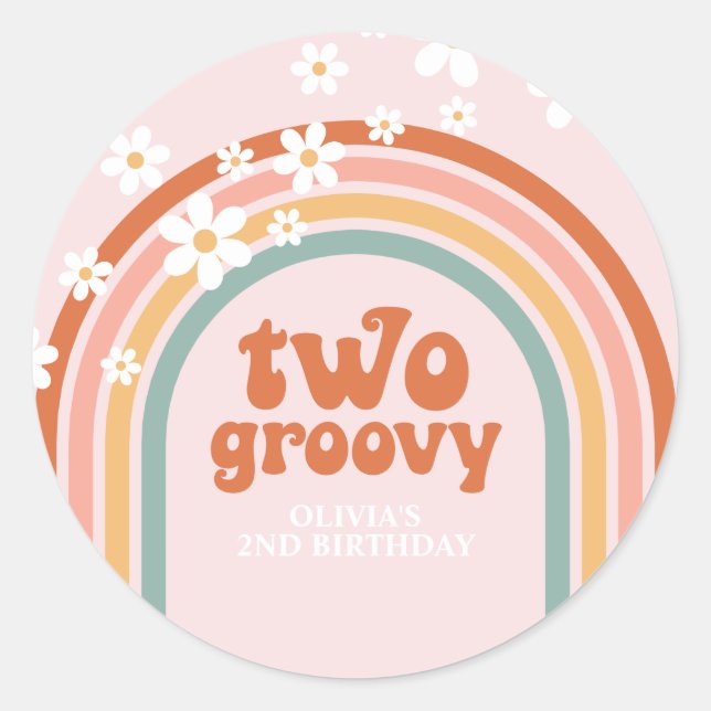 Two Groovy daisy boho floral rainbow 2nd birthday Classic Round Sticker (Front)