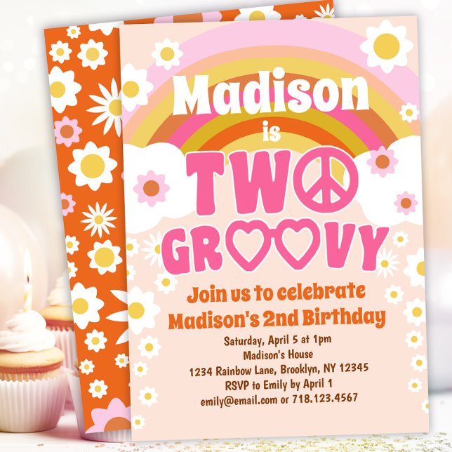 TWO Groovy Daisy Flower 2nd Birthday Invitation (Creator Uploaded)