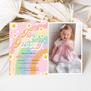 Two Groovy Daisy Rainbow 2nd Birthday Party Photo Invitation