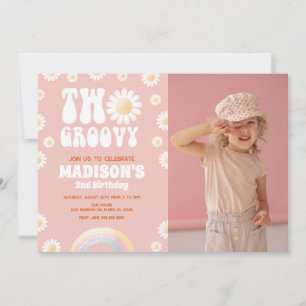 Two Groovy Daisy Rainbow Retro Photo 2nd Birthday Invitation